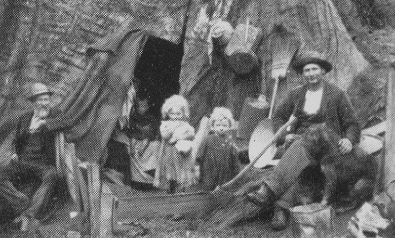 A family camped at the base of a huge hollow tree, with two children at the canvas-draped entrance